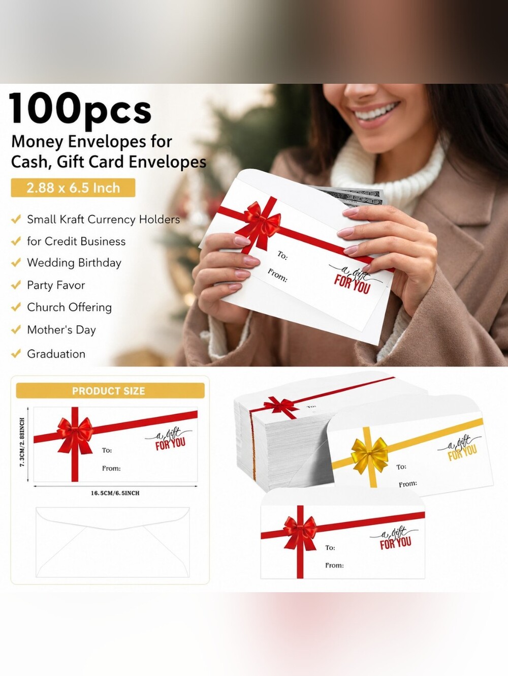 🍎NEW 100PCS Cash & Gift Card Envelopes Set Red & Gold Bow Design A Gift For You